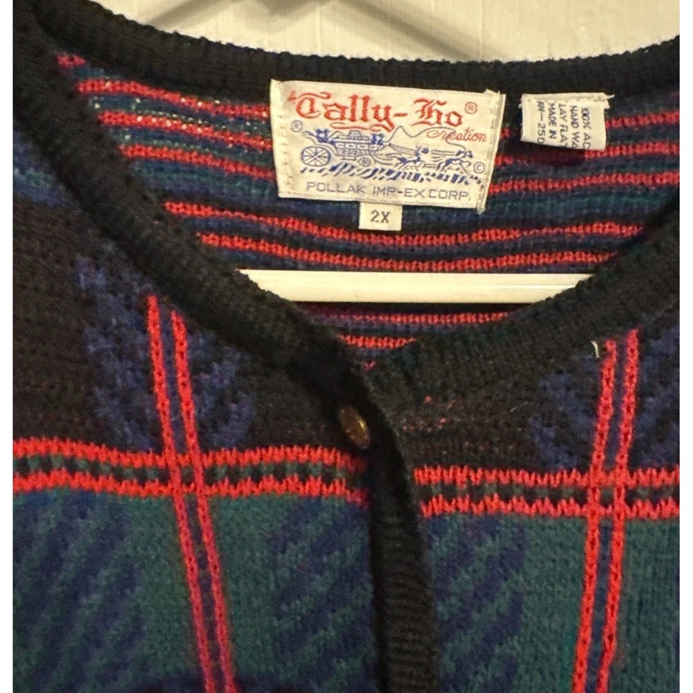 Vintage Tally Ho Cardigan Sweater Womens XL Red Green Navy Plaid Tartan Preppy